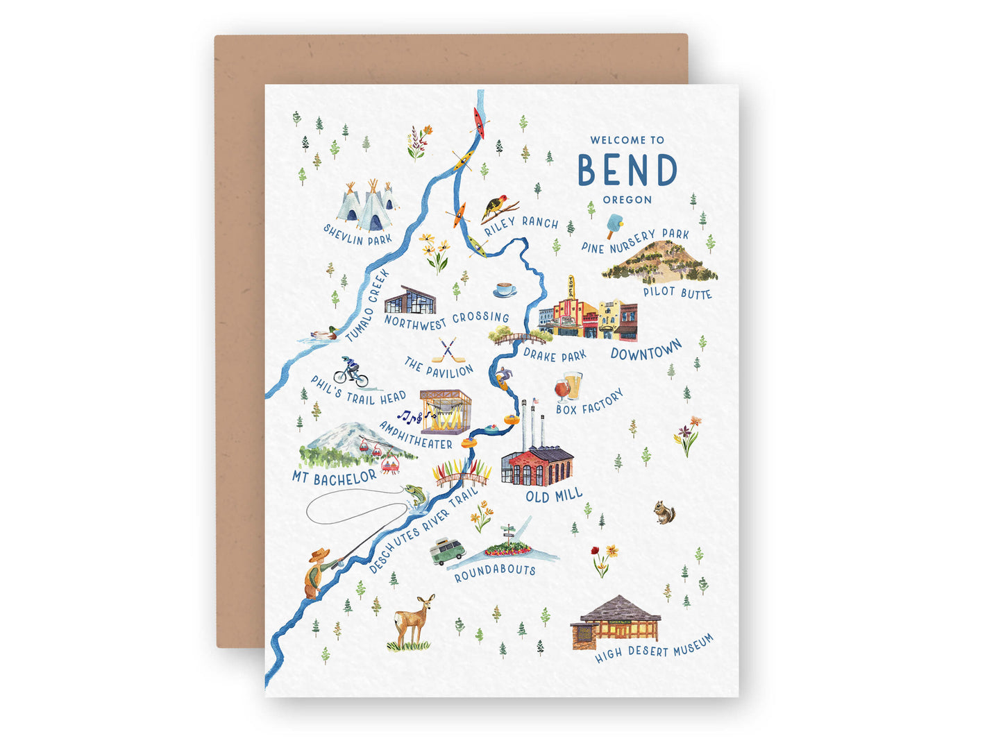 Bend, Oregon Illustrated | Watercolor Souvenir Map | Greeting Card