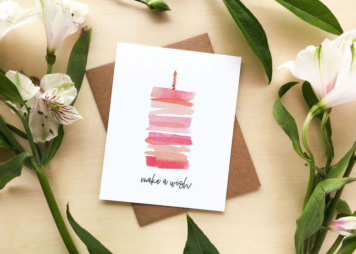 Make A Wish Birthday Card with Watercolor Pink Cake | Blank Interior