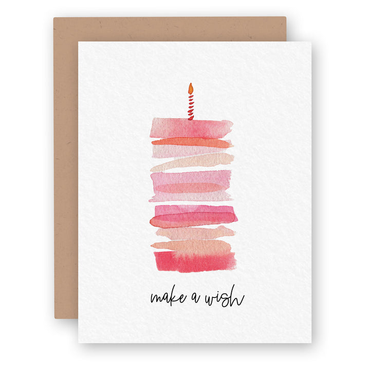 Make A Wish Birthday Card with Watercolor Pink Cake | Blank Interior