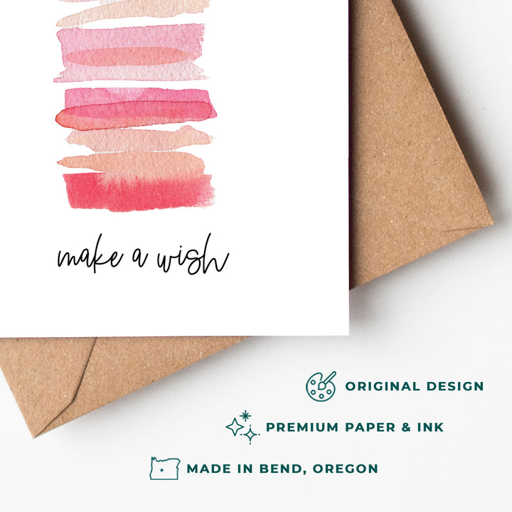 Make A Wish Birthday Card with Watercolor Pink Cake | Blank Interior