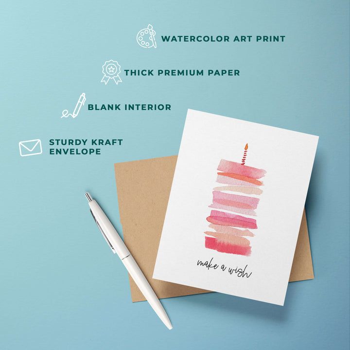 Make A Wish Birthday Card with Watercolor Pink Cake | Blank Interior
