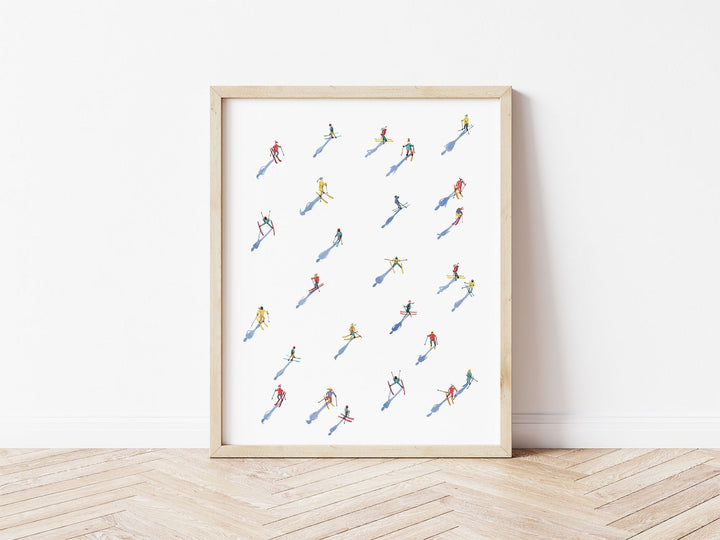a picture of a group of skiers on a white wall