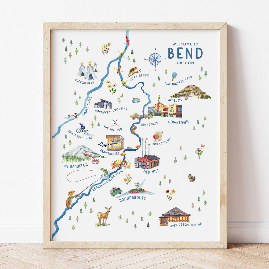 a watercolor picture of a map of bend