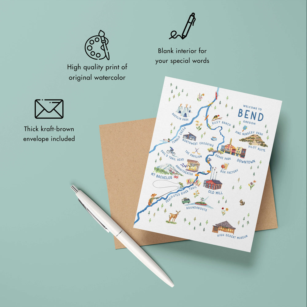 a greeting card with a watercolor map of bend on it