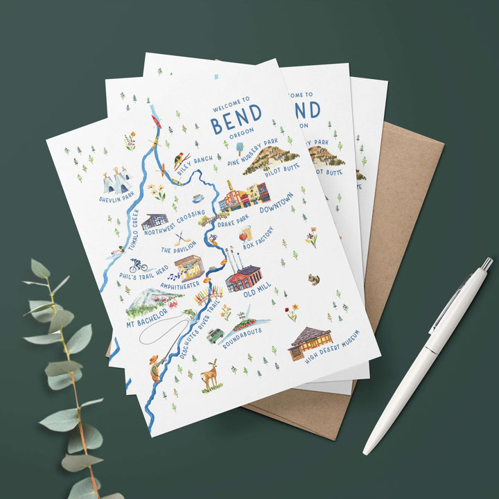 three greeting cards with a map of bend, or with landmarks