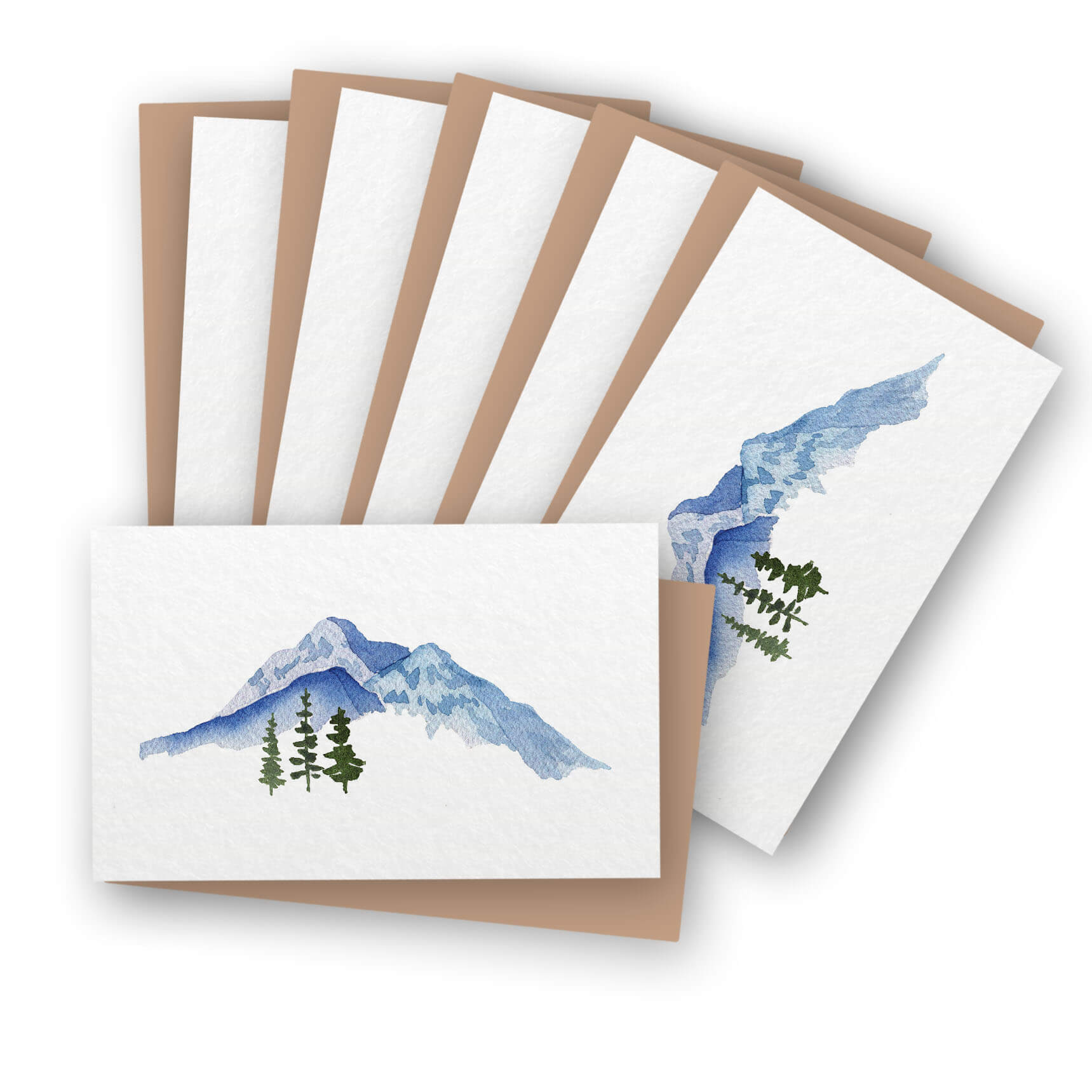 a set of six cards with watercolor mountains on them