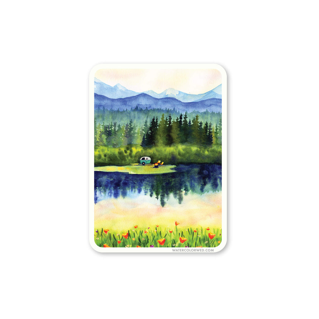 a watercolor painting of a lake surrounded by mountains