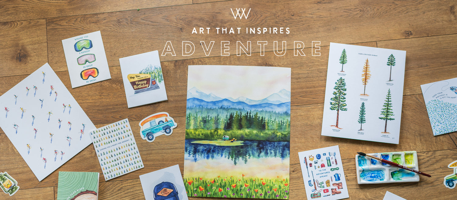 Adventure minimal watercolor art, greeting cards, and stickers