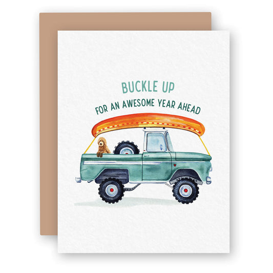 a card with a truck and a dog in the bed