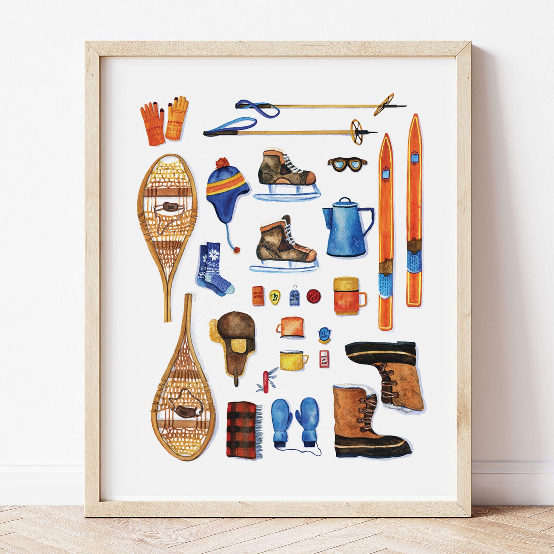 a picture of a variety of skiing items displayed in a frame