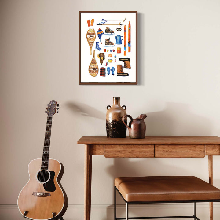 a table with a guitar and a vase on it with ski watercolor art print