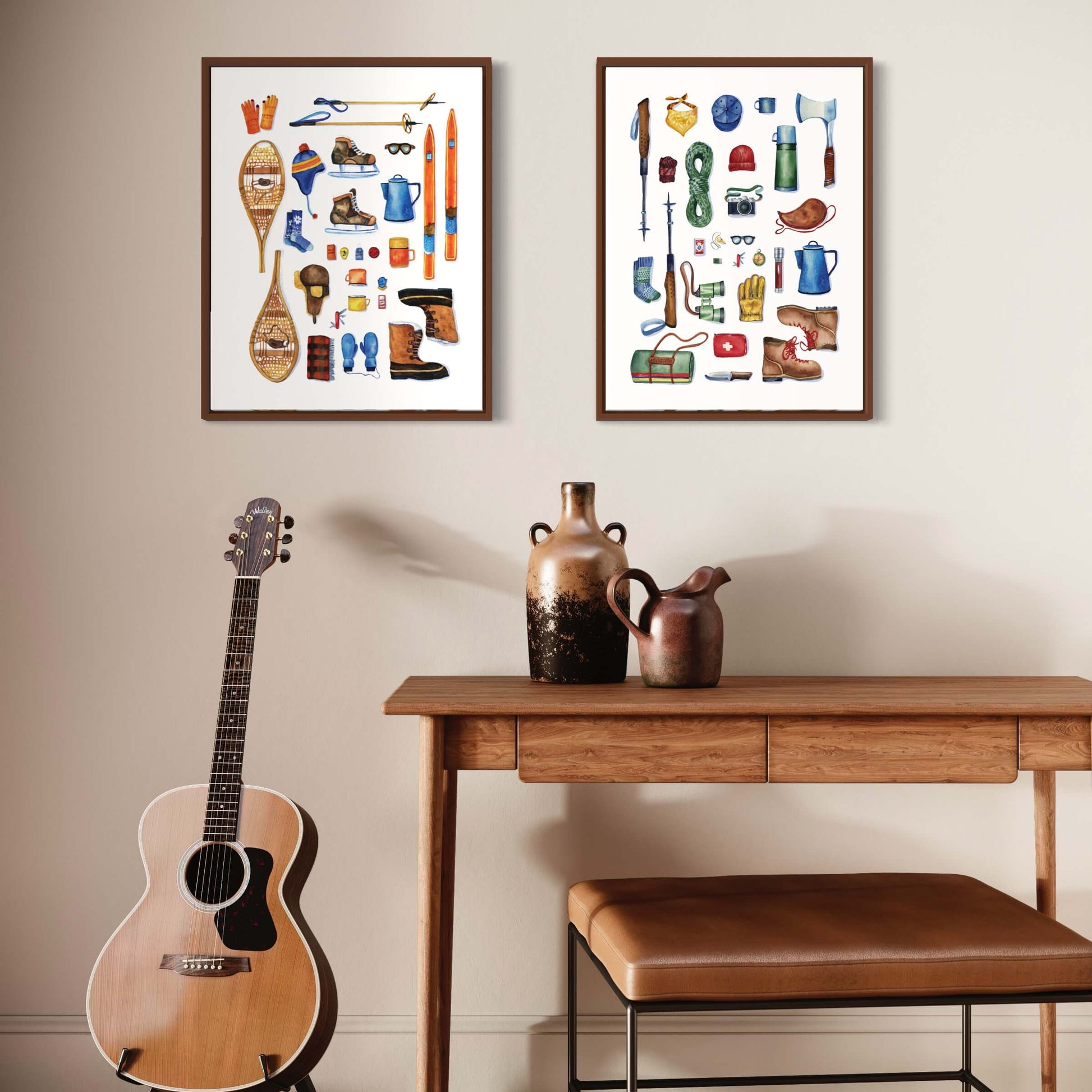 a table with a guitar and a vase on it with camping and ski gear twin art prints