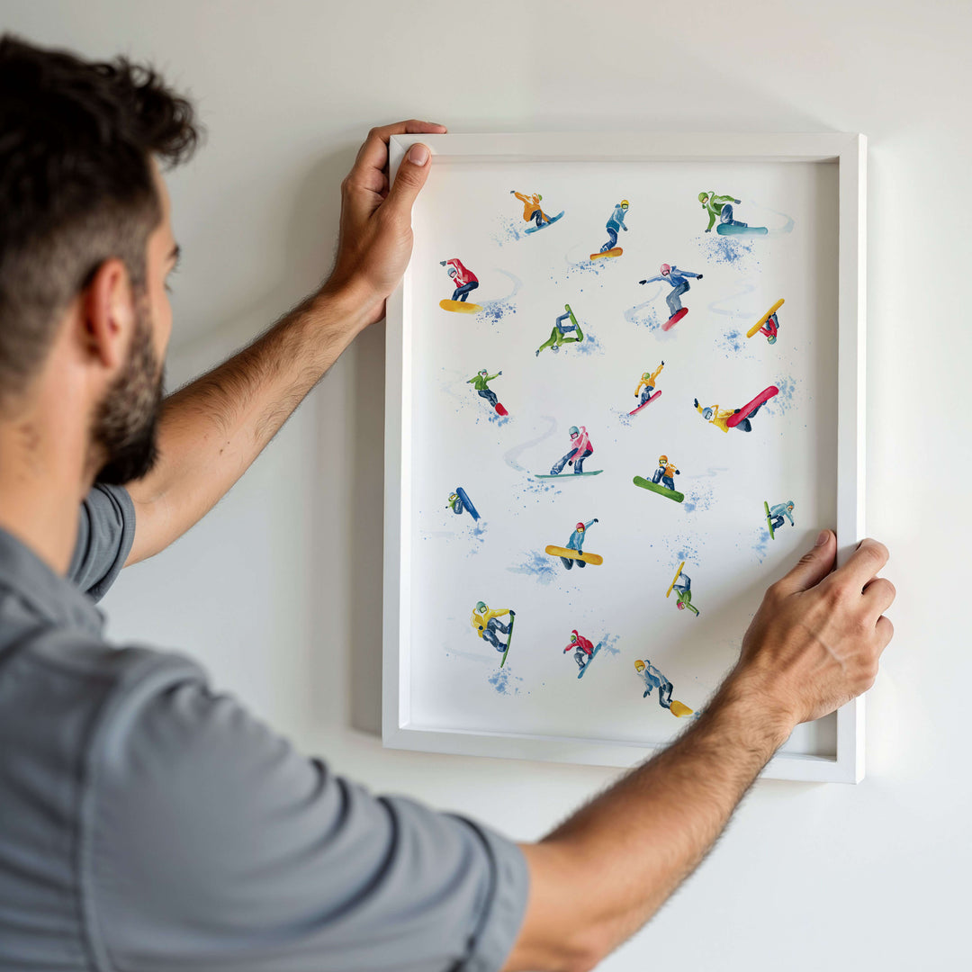 Watercolor art print of snowboarders doing fun and fresh tricks. Colorful art great for boy's room.