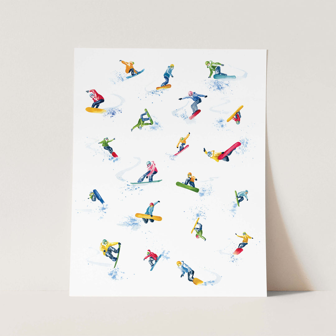 Watercolor art print of snowboarders doing fun and fresh tricks. Colorful art great for boy's room.
