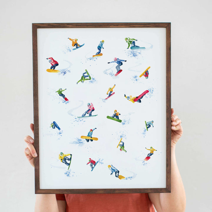 Watercolor art print of snowboarders doing fun and fresh tricks. Colorful art great for boy's room.