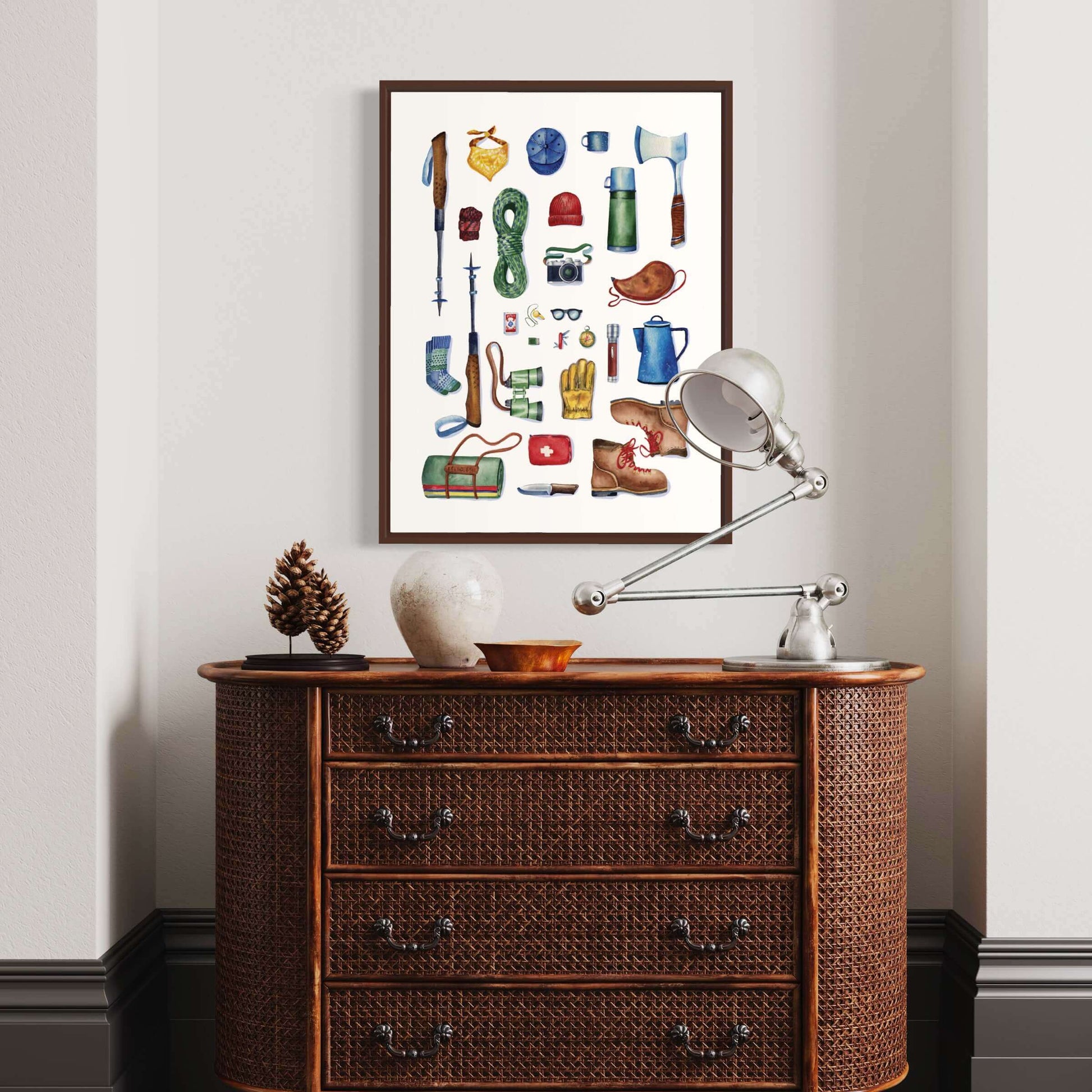 vintage camping gear art print in an office