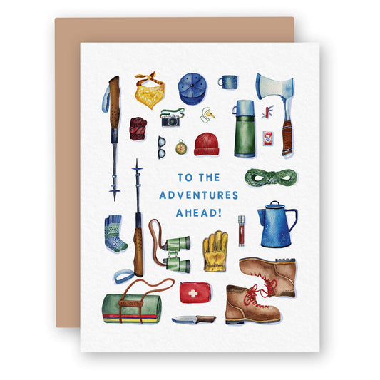 a card with a bunch of adventure camping items on it