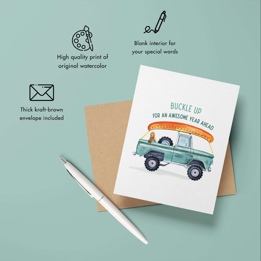 a greeting card with an illustration of a truck with a surfboard on it