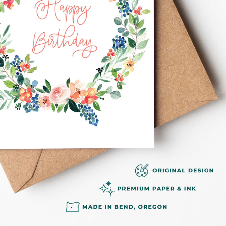 Floral Wreath Happy Birthday Card | Blank Interior