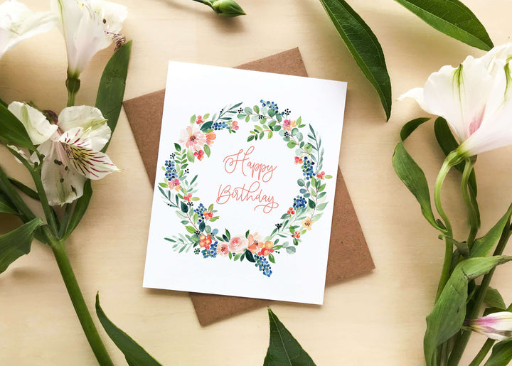 Floral Wreath Happy Birthday Card | Blank Interior