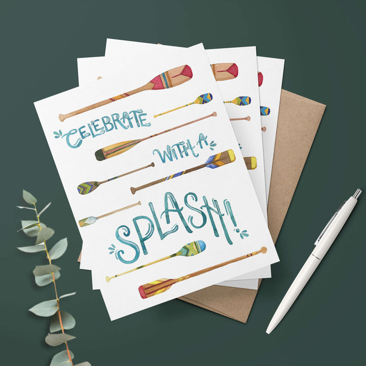 three greeting cards with the words celebrate with splash on them to inspire adventure