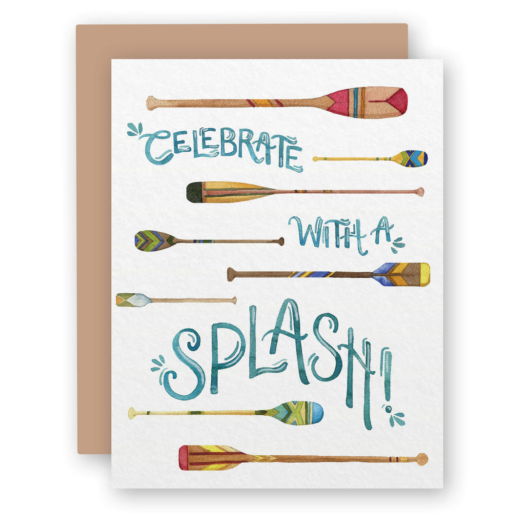 a card that says celebrate with a splash