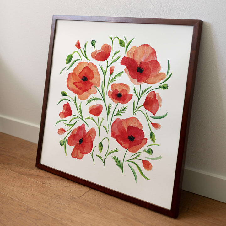 a painting of red flowers on a white background