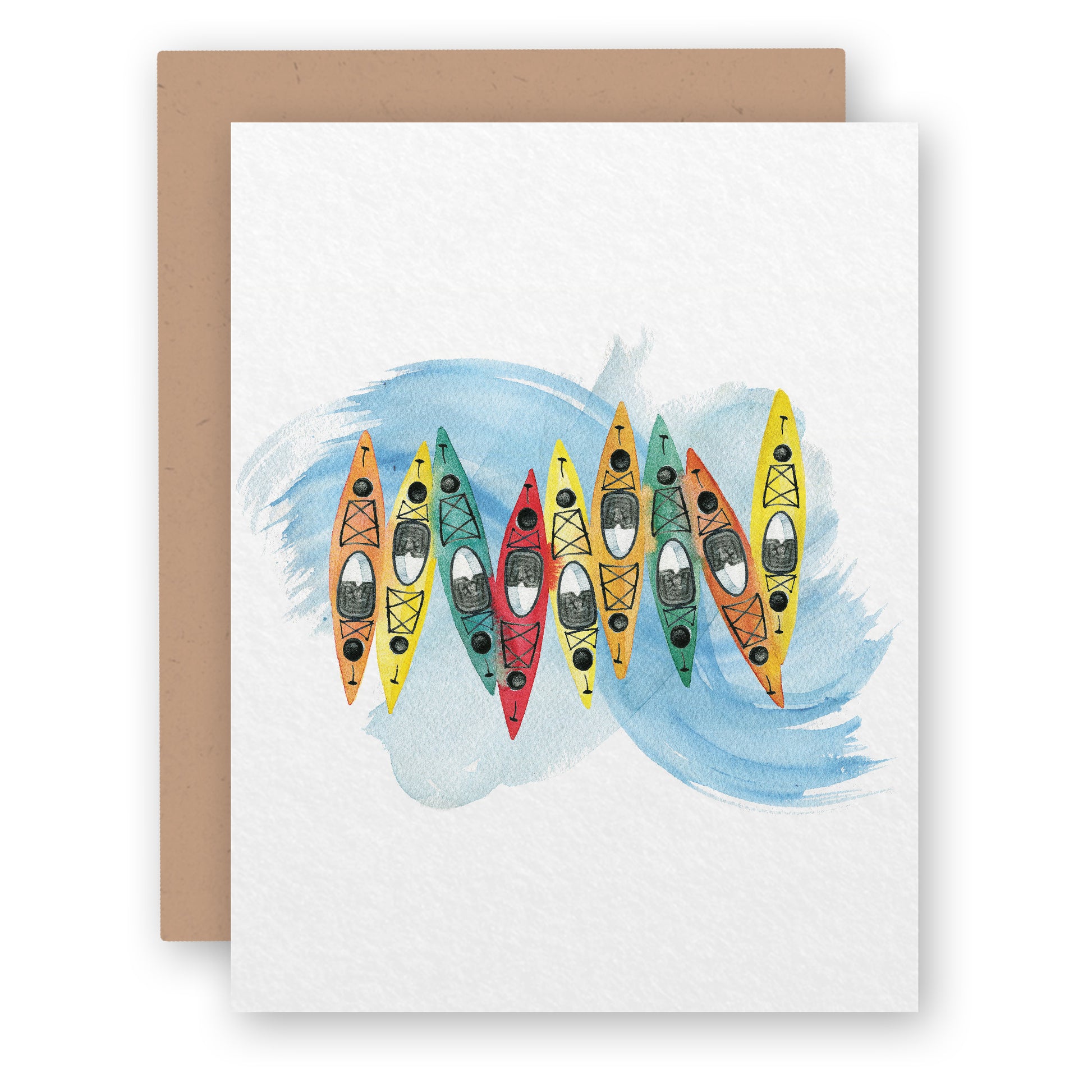 a card with a watercolor painting of a row of canoes