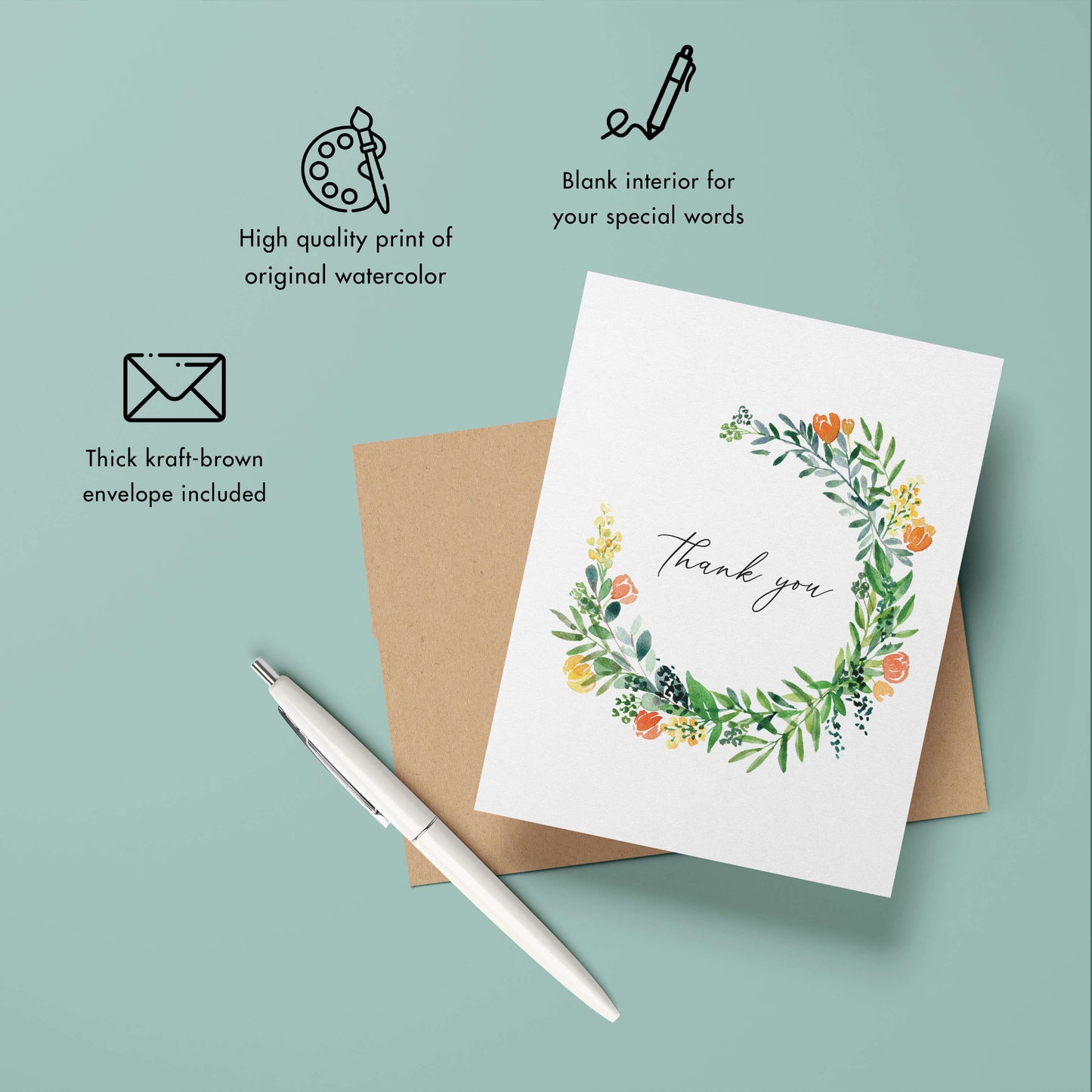 a thank card with a floral wreath on it