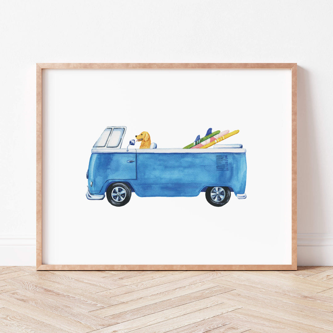 a painting of a blue truck with surfboards in the back