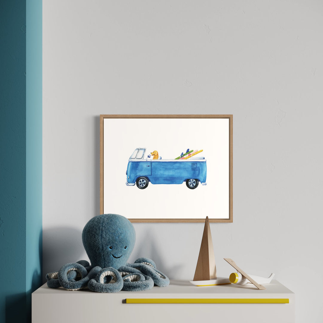 an octopus sitting on a shelf next to a picture with a convertible van