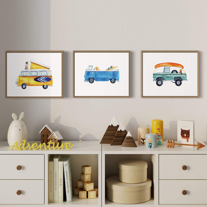 three watercolor hand painted art prints of retro cars in a baby's bedroom