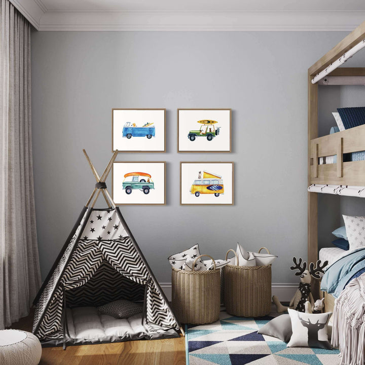 classic car watercolor art print gallery wall in a kid's bedroom