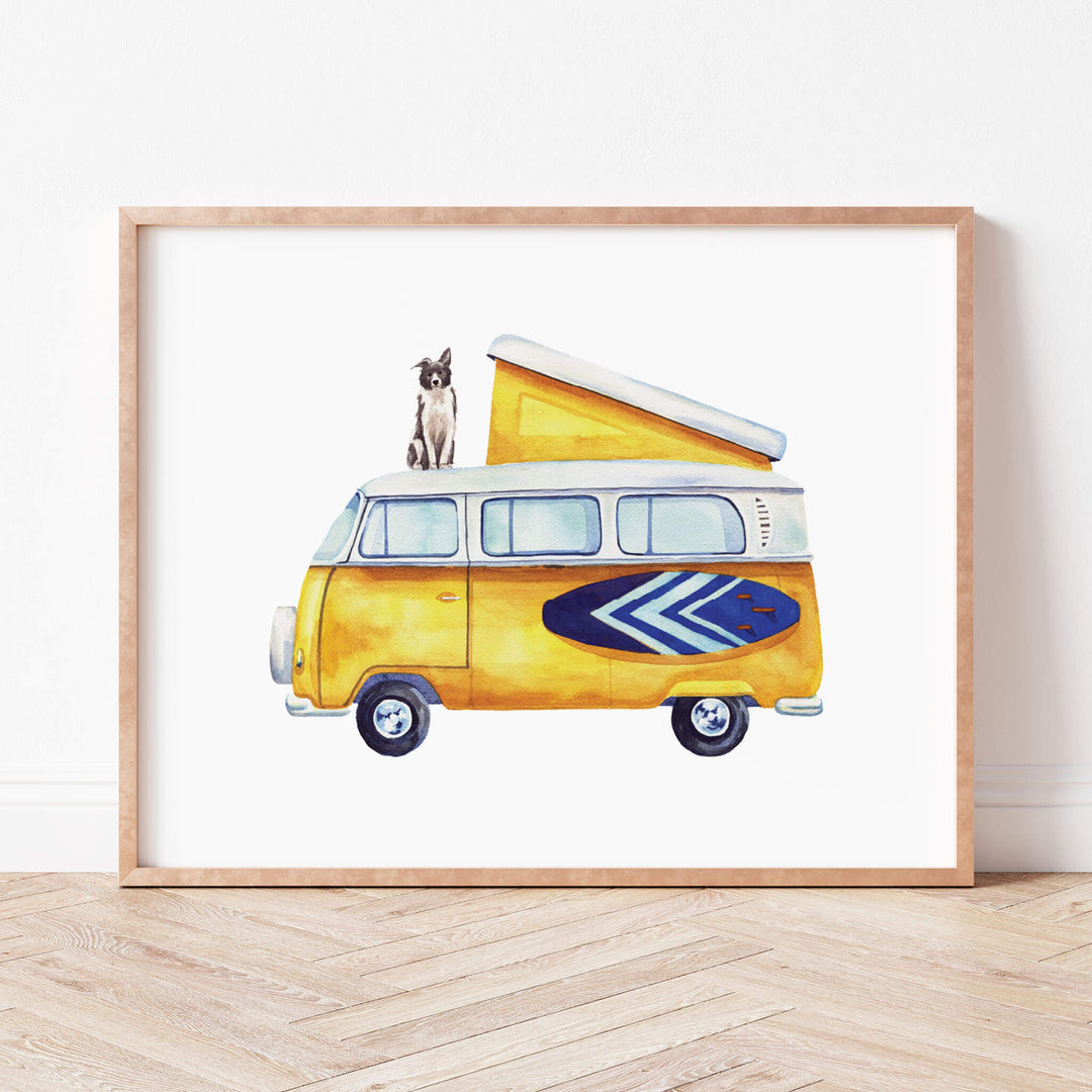 a framed painting of a van with a dog on top of it