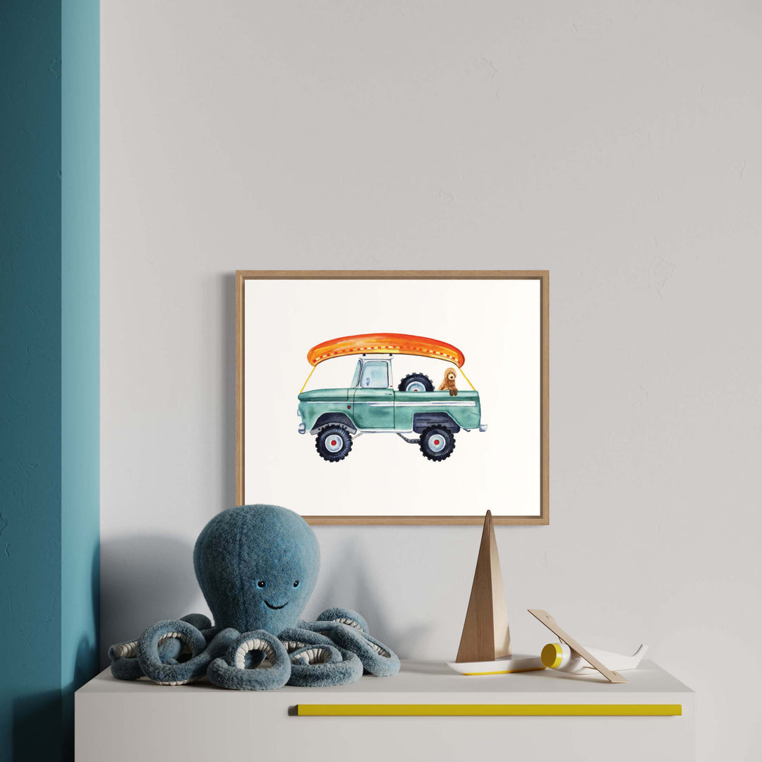 a frame watercolor painting of a truck with a orange canoe on top of it