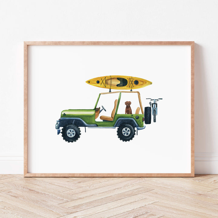 a green suv with a surfboard on top of it framed art print