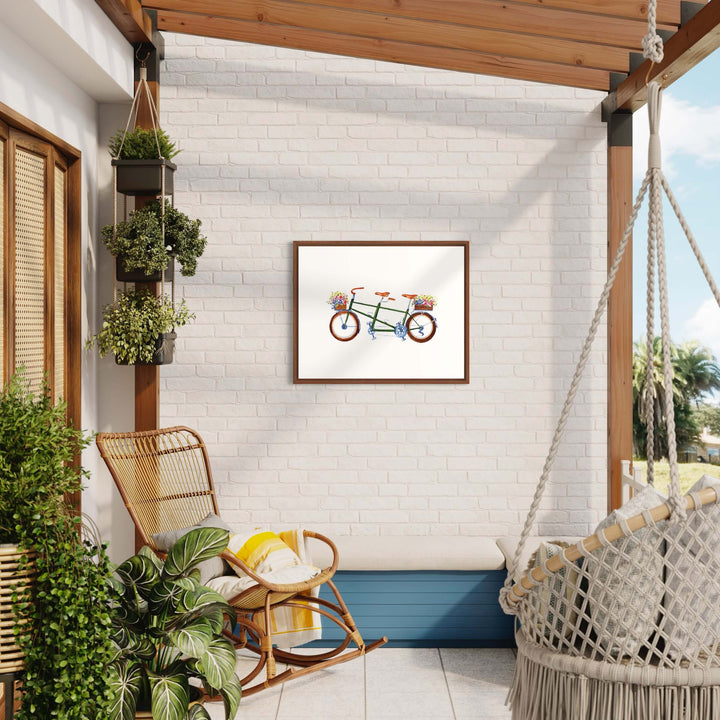 a picture of a bicycle hanging on a wall in a greenspace