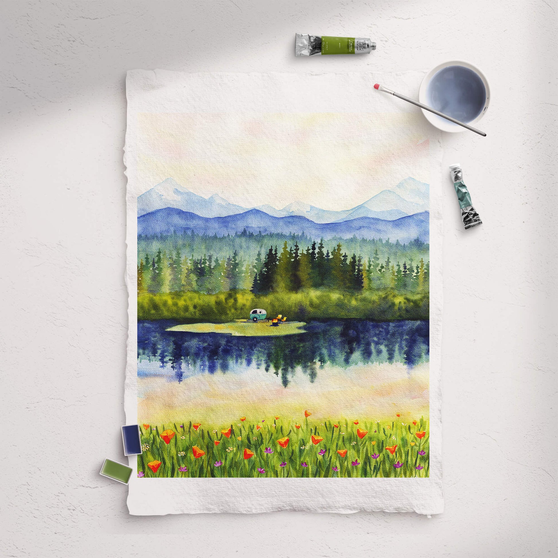 a watercolor painting of a lake surrounded by mountains