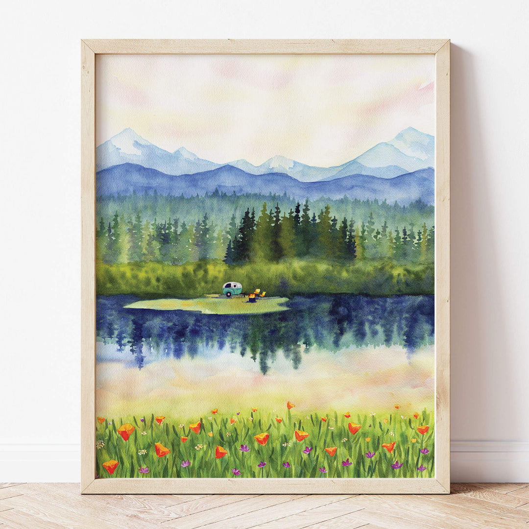 a painting of a lake with mountains in the background