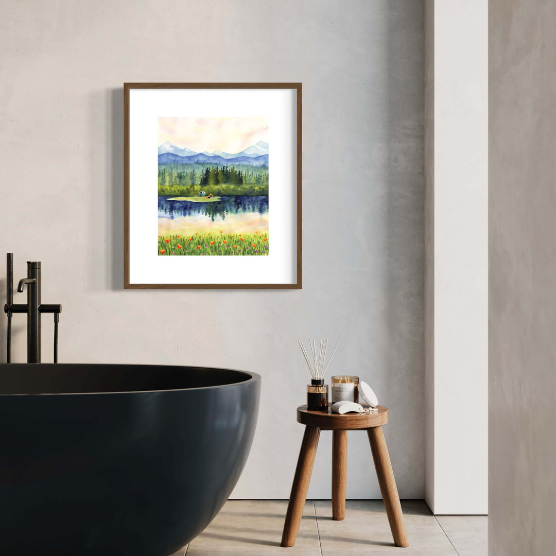 a bathroom with a tub and a painting on the wall