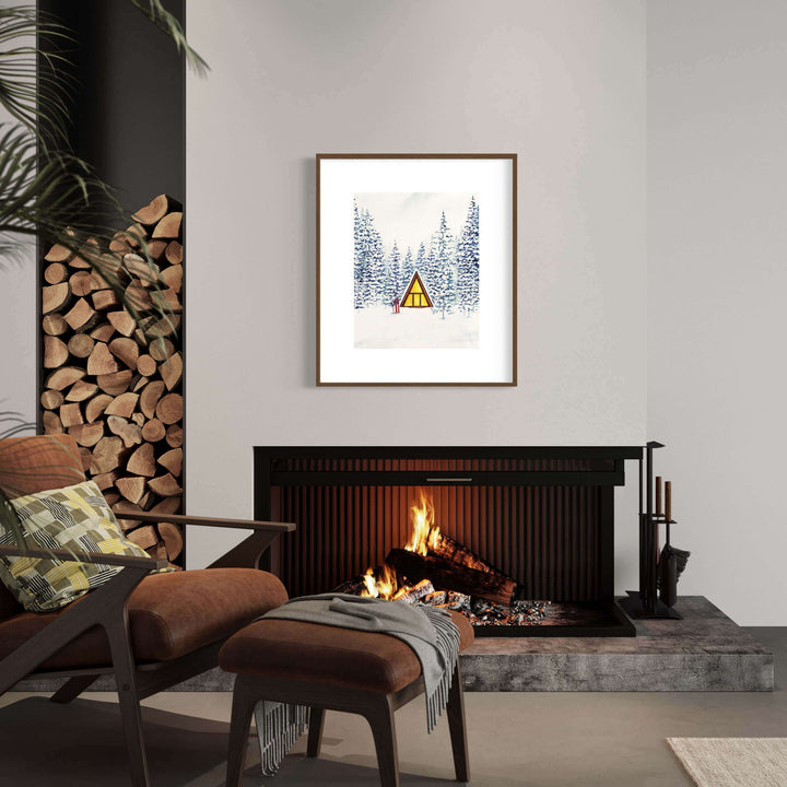 cabin decor with snowy forest scene wall art