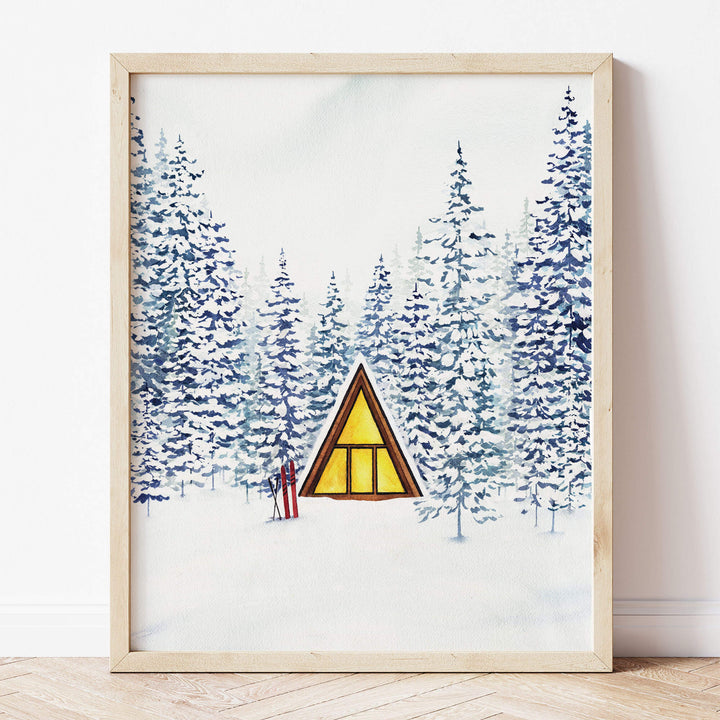 snowy woodsy aframe cabin framed art print