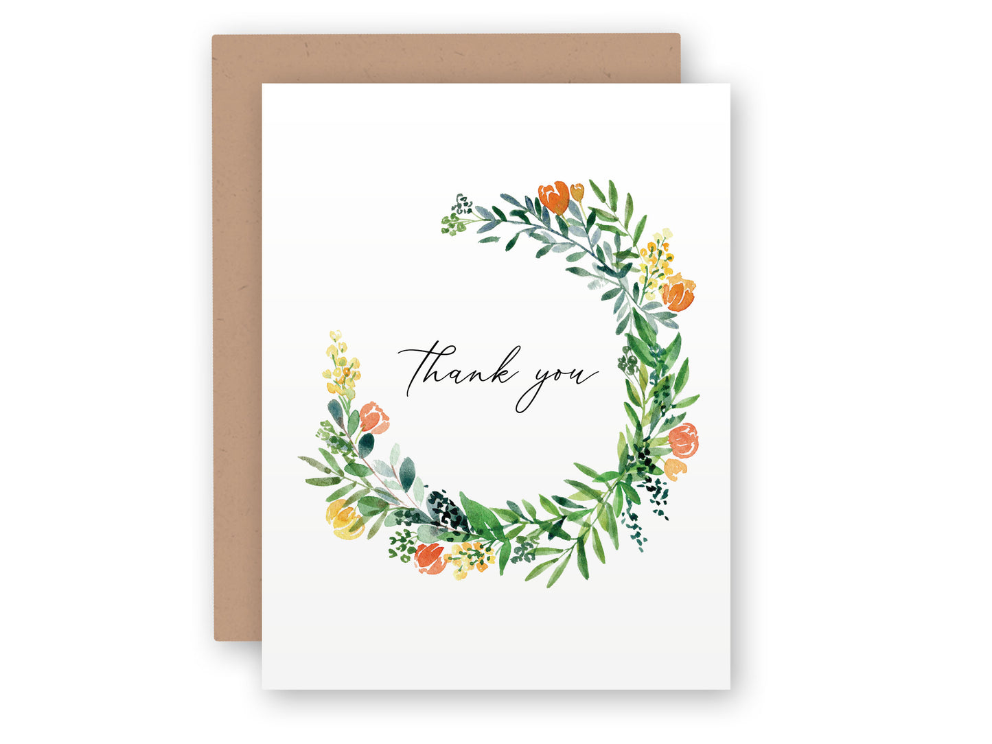 a thank card with an orange and green wreath