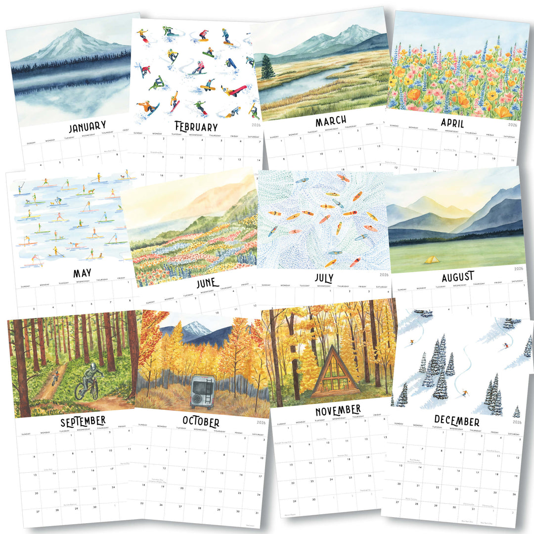 Calendar with monthly scenes from January to December