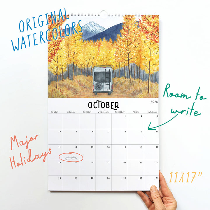 Calendar with autumn design and hand holding it, labeled 'Original Watercolors'.