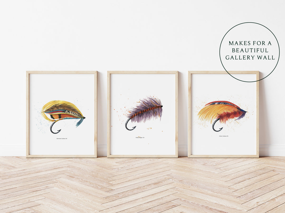 three watercolor paintings with different types of flys