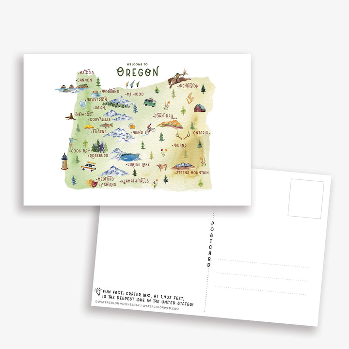 Oregon State Watercolor Illustrated Map | Travel Postcard
