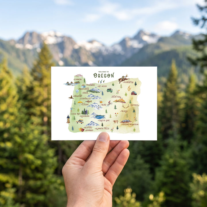 Oregon State Watercolor Illustrated Map | Travel Postcard