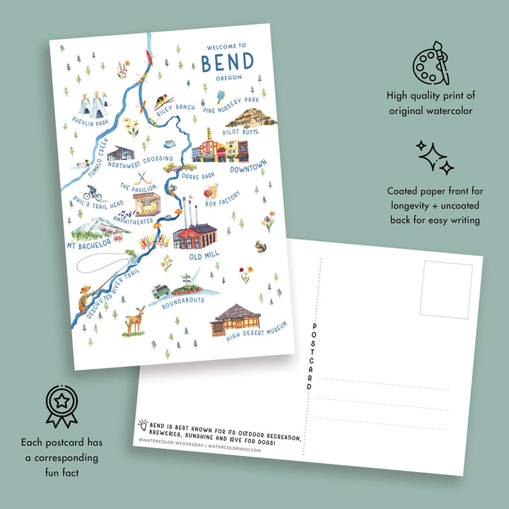 Bend, Oregon Watercolor Illustrated Map | Travel Postcard