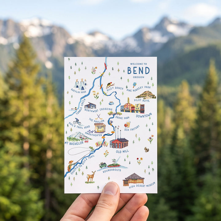 Bend, Oregon Watercolor Illustrated Map | Travel Postcard